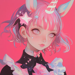 A bold cyberpunk-style anime girl with pink tones, expressive eyes, and futuristic fashion.