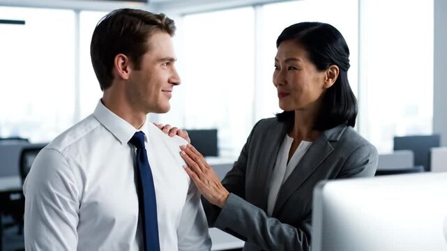 Businesswoman offers support to male colleague in modern office environment.