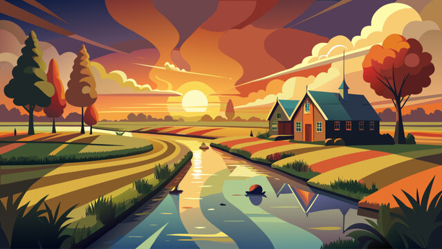 Serene sunset over the flat Dutch polder landscape near Gouda, Holland, with warm golden light reflecting on canals, open fields, distant farmhouses, and a calm atmospheric countryside mood