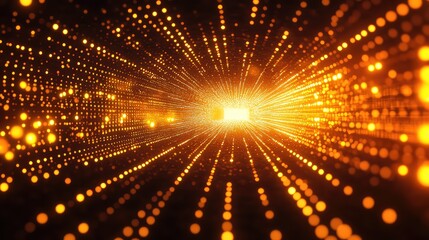 Fototapeta premium Abstract orange yellow light tunnel of glowing data particles streaming like fiber optic highways, visualizing high speed digital communication, global information flow and futuristic network tech