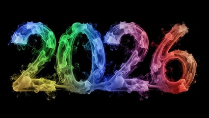 Colorful swirling smoke forming the numbers 2026 on a black background colorful smoke multicolored