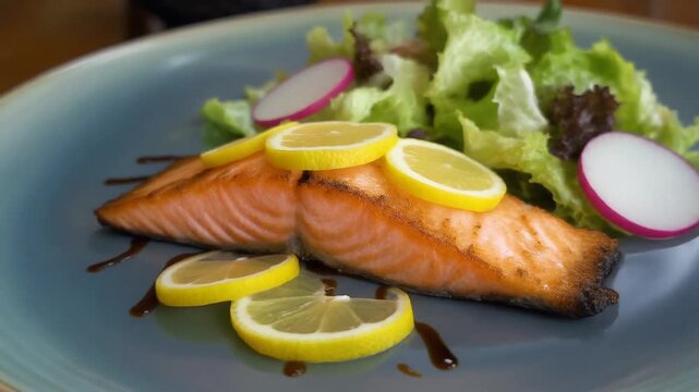 Lachsfilet mit Zitronenscheiben und Sommersalat