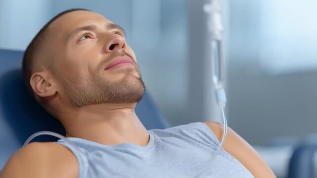 Adult male patient in blue shirt lies on a hospital bed beside an IV stand, glances at camera, smiles, then slowly leans back and closes eyes, breathing calmly during infusion therapy.