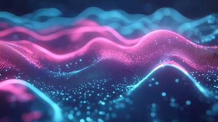 Abstract digital wave pattern featuring glowing pink and blue dotted lines on a dark background, representing interconnected digital data streams and advanced technology concepts