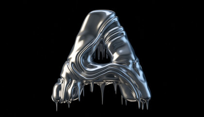 Naklejka premium Abstract fluid typography shape letter in dramatic melting silver metal. Frozen and glossy design element with modern finish isolated on dark black background