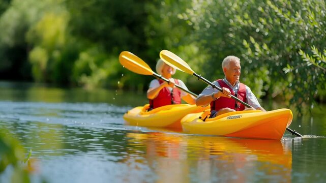 Senior couple in bright orange kayak paddles steadily along calm green river, blades dip and lift with small splashes as they glide past leafy banks in sunny summer light.