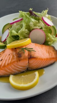 Lachsfilet mit Zitronenscheiben und Sommersalat