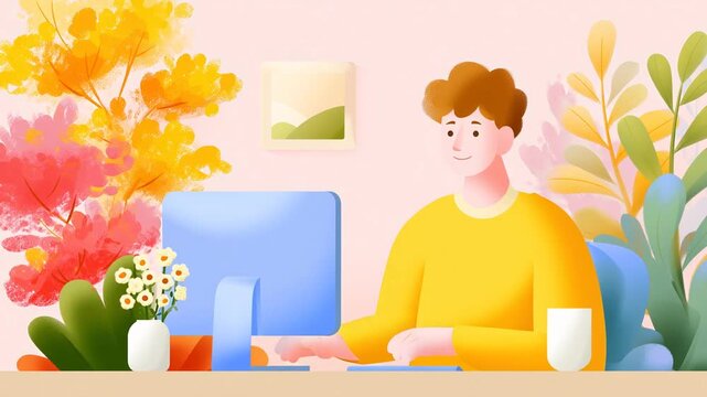 Flat illustration of freelancer at desktop computer in cozy home office, subtle zoom and parallax move autumn leaves and plants while warm seasonal colors create calm remote work mood.