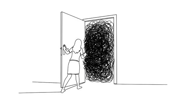 A woman struggles to push open a door that is blocked by a dense, chaotic tangle of lines, illustrating an impassable obstacle or difficulty in moving forward.