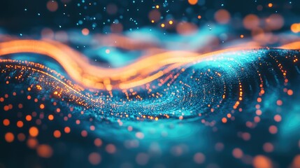 Flowing digital particles form an abstract wave pattern, representing data visualization creating a futuristic network with glowing light elements and dynamic energy