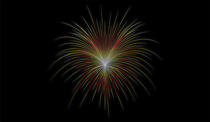 Fototapeta premium An intense New Year fireworks burst in red, yellow, white, and warm orange tones, exploding against a dark background to create a powerful focal point full of energy, excitement, and festive midnight 