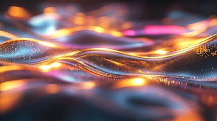 Abstract wavy surface creating a dynamic background, shimmering with golden and blue glitter particles flowing over smooth forms illuminated by vibrant light reflections