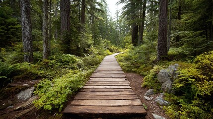 Obraz premium Wooden path leading through a lush green forest. Tall trees surround the path, creating a serene and natural landscape. Perfect for hiking and nature walks. 173