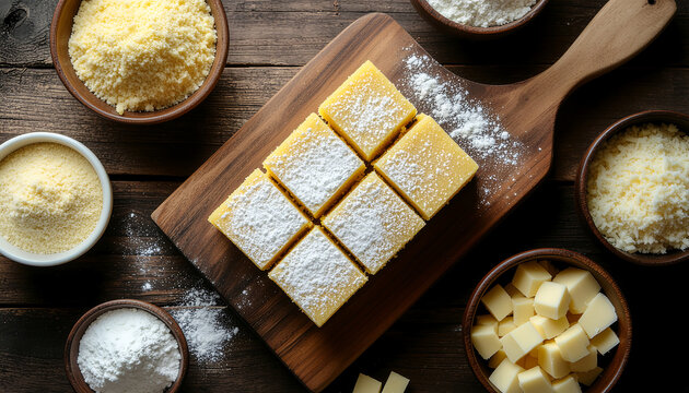Sopa paraguaya Paraguay overhead flat lay corn bread squares