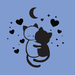 Two cats hugging under moon and stars love vector design