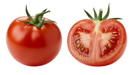 Fresh ripe roma tomato whole and halved showing seeds and pulp isolated on transparent background