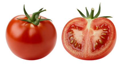 Fresh ripe roma tomato whole and halved showing seeds and pulp isolated on transparent background