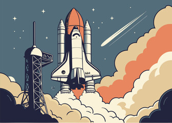 Naklejka premium Space shuttle launching into starry night sky with vibrant clouds