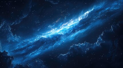 Obraz premium Blue dark nebula glowing with starlight and cosmic dust, forming new stars and celestial clouds across a vast, mysterious expanse of deep space and infinite possibility