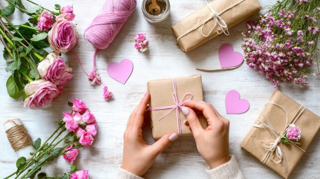 Hands wrapping small gift in kraft paper with pink ribbon, with roses, yarn and heart shapes. Romantic handmade present preparation for St. Valentines Day. Love and care concept