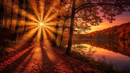 Obraz premium Sunlit autumn forest path with golden leaves and reflective lake at sunset