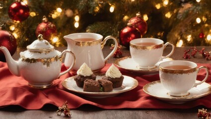 Fototapeta premium Festive Christmas Tea Party with Elegant Teacups and Delicious Brownies.