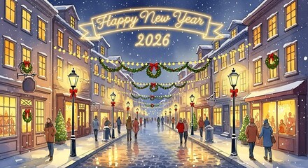 Happy new year 2026 festive snowy urban street night panorama