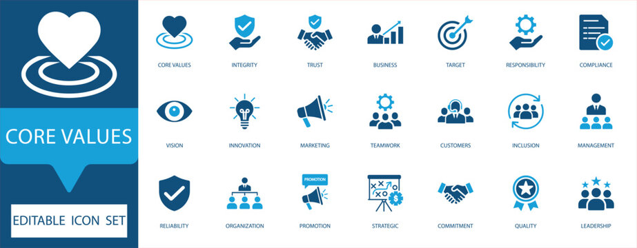 Core Values Icon Set. Perfect for integrity, leadership, teamwork, and strategy concepts.