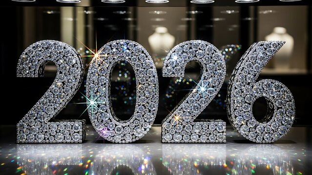 Sparkling diamond encrusted 2026 numbers on reflective surface with jewelry store background diamonds
