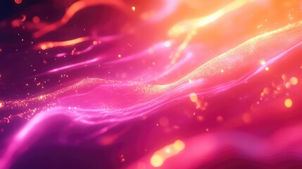 Abstract flowing wavy lines creating a dynamic background, illuminated with shimmering pink, magenta, and orange light particles, representing energy, technology, and connection