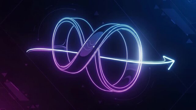 Vibrant neon light trails forming infinity loop with arrow