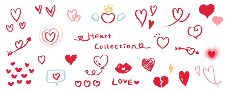 ハートの素材コレクション。かわいい手書きのハートマーク。ベクターアイコン。