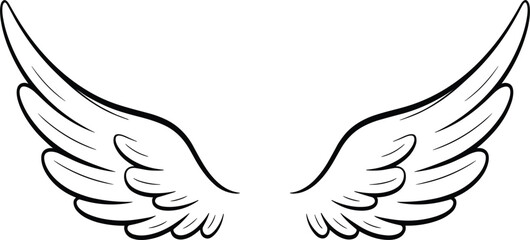 Stylized outline vector illustration of beautiful angel or bird wings, feather graphic design element, fly symbol