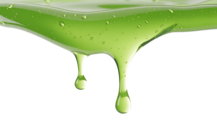 Close up of viscous green liquid dripping from a surface isolated on transparent background