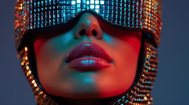 Glamorous fashion portrait featuring a woman in mirrored disco headgear and glossy pink lips. A vibrant and retro-futuristic expression of nightlife and beauty