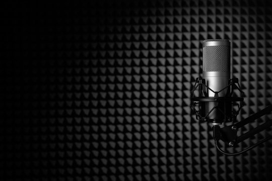 Condenser studio microphone standing in recording room. - Powered by Adobe