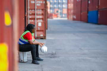 Obraz premium Female logistics worker resting while seated after container inspection, reflecting pressure, long shifts, and physical demand in warehouse and port operations.