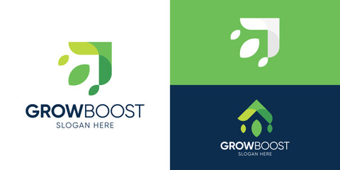 Creative grow boost logo template. Growth symbol arrow up leaves logo design vector illustration.