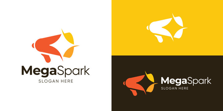 Creative simple mega spark logo template. Abstract megaphone with spark logo design vector illustration.