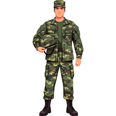 Young soldier in full camouflage uniform standing ready for duty