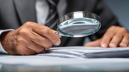 Close-up of a hand holding a magnifying glass over a stack of papers. Intense focus, examining documents. Attention to detail, investigating fine print. Sharp eyes and mind.