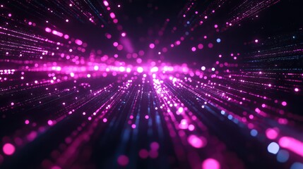 Vibrant pink and blue glowing particles form streaking light tunnels toward the viewer, evoking fast digital networks, global data flow, cyberspace connectivity and high speed internet motion