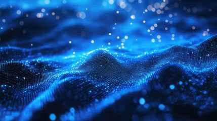 Blue luminous particles creating an abstract undulating grid pattern, representing big data flow, a digital network connection, or advanced technology concepts in a futuristic setting