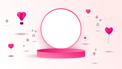 A charming pink and white Valentine's Day or love-themed product display featuring a central circular podium, complemented by floating heart balloons, stars, and small graphic circles, perfect for rom