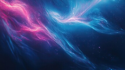Obraz premium Abstract cosmic nebula forming a dynamic blend of glowing pink and blue gas and stardust across an expansive dark universe background, evoking interstellar energy