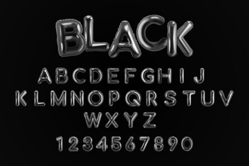 Black balloon alphabet. 3d dark bubble letters, realistic inflated text font for sale or helloween party abstract liquid figure y2k english typography, exact vector illustration
