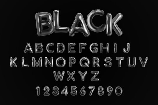 Black balloon alphabet. 3d dark bubble letters, realistic inflated text font for sale or helloween party abstract liquid figure y2k english typography, exact vector illustration