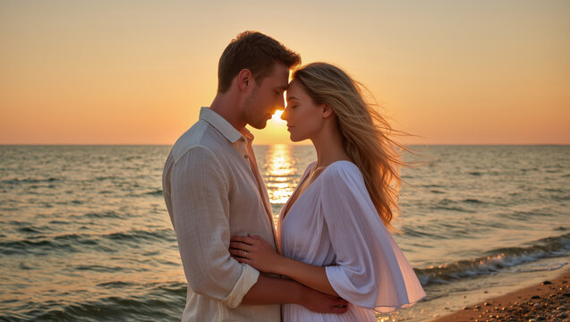 Loving couple standing close by the ocean during sunset, gently embracing each other in a peaceful romantic moment