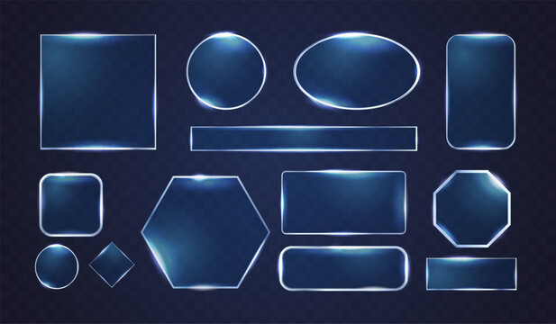 Neon glass frames. Realistic blue glasses lens, clear frame futuristic screen game box digital glow effect square circle hexagon button sparkle frame, exact vector illustration