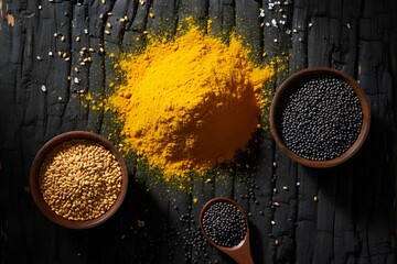 Flat Lay Composition of Bright Yellow Turmeric Powder and Black Mustard Seeds in Small Wooden Bowls on a Dark Rustic Wooden Background, Natural Light for Indian Cooking, Superfood, and Spice Content